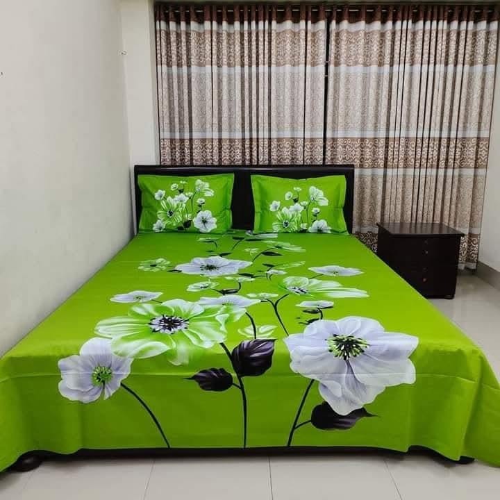 Green White Flower Digital Print Cotton Bedsheet Set