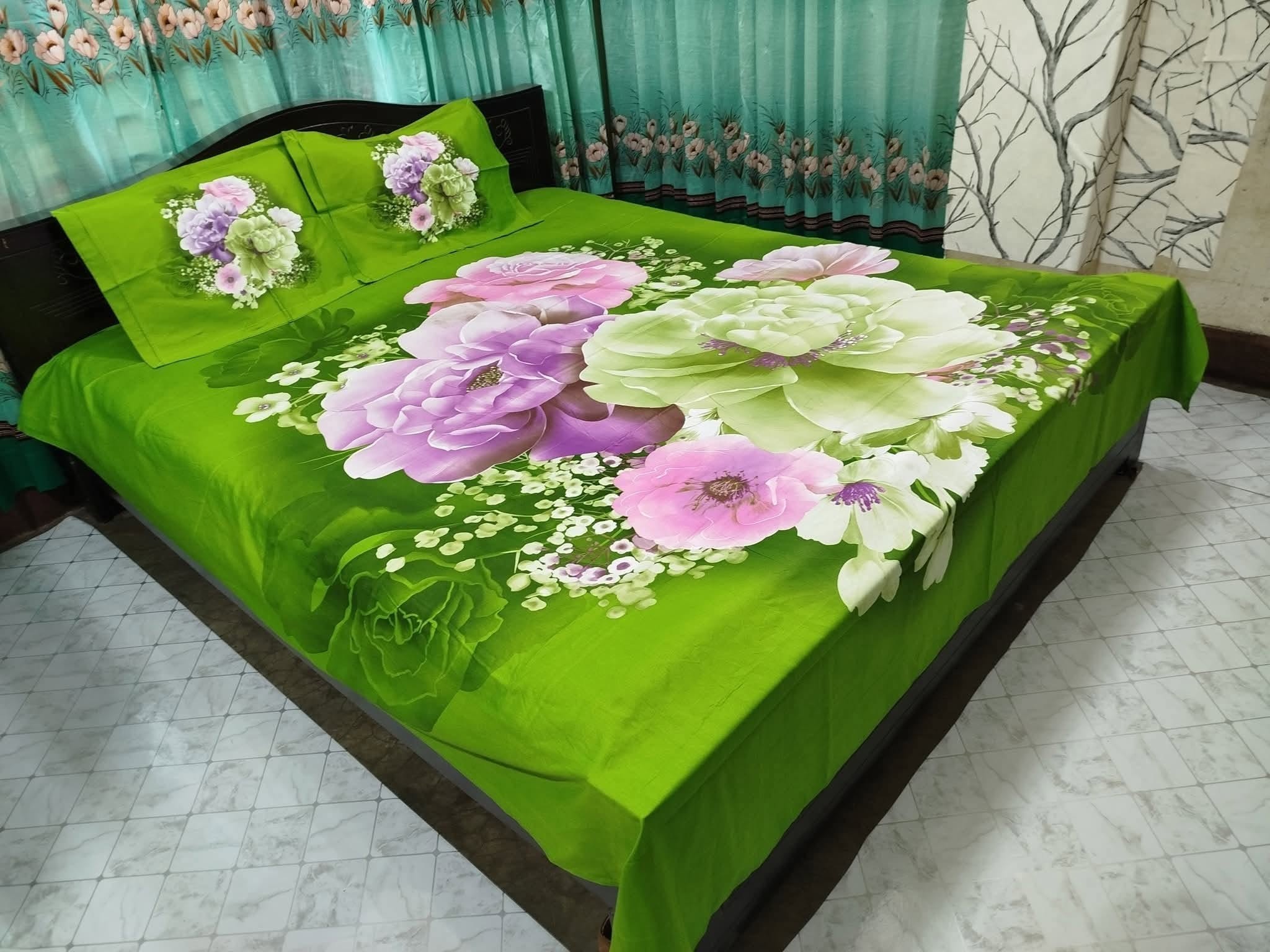 Modern Green Peony Digital Print Cotton Bedsheet Set